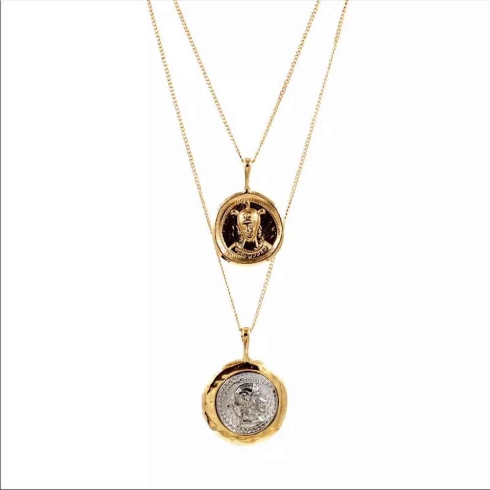Coin Pendant Vintage Double Chain Layered Necklace - Picture 3 of 5